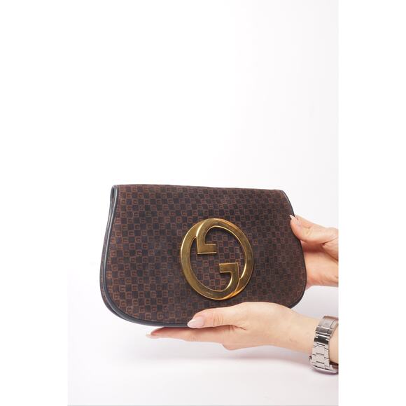Gucci 70’s Blondie Brown Suede Monogram Clutch - Picture 1 of 10